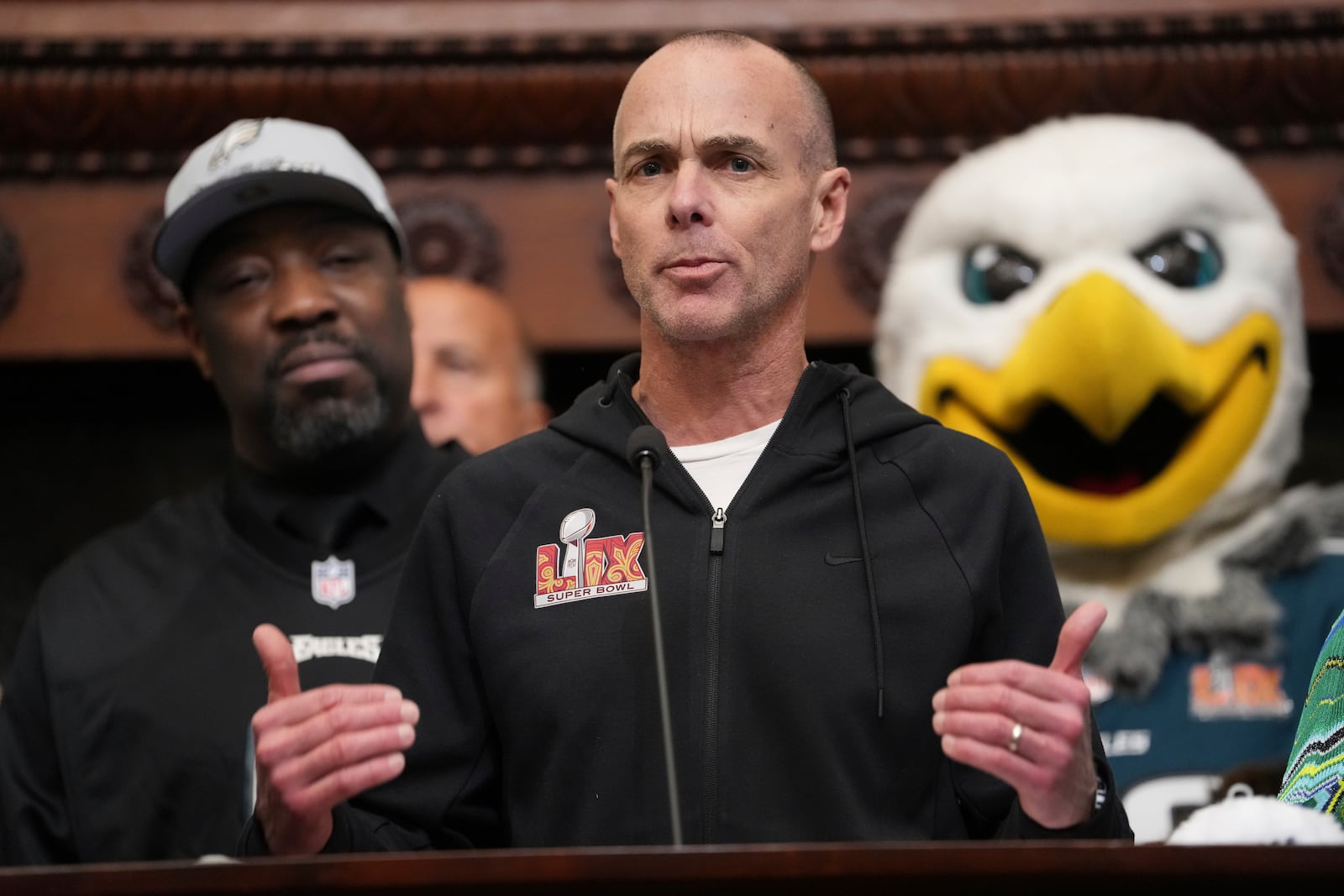 Philadelphia Eagles President, Don Smolenski, speaks during a news conference in Philadelphia, Tuesday, Feb. 11, 2025, ahead of a planned Philadelphia Eagles NFL Super Bowl 59 football victory celebration. (AP Photo/Matt Rourke)