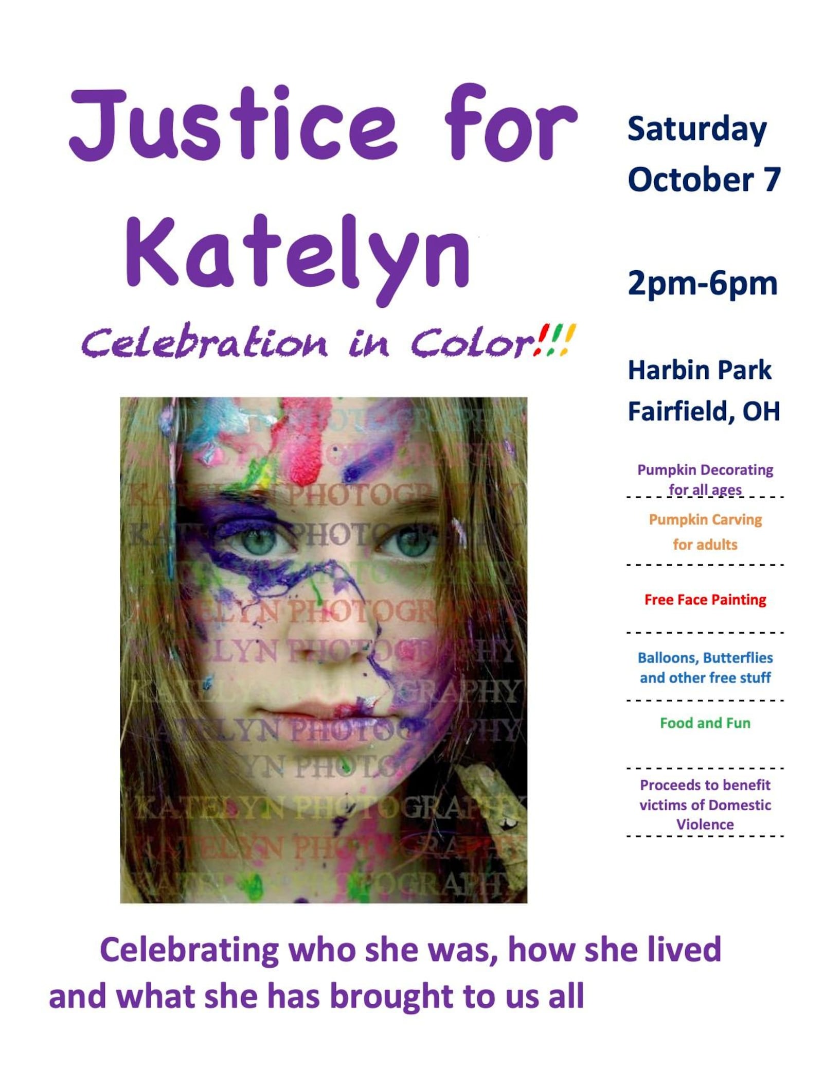 Justice for Katelyn Celebration in Color is planned for Oct. 7 in Harbin Park in Fairfield. SUBMITTED