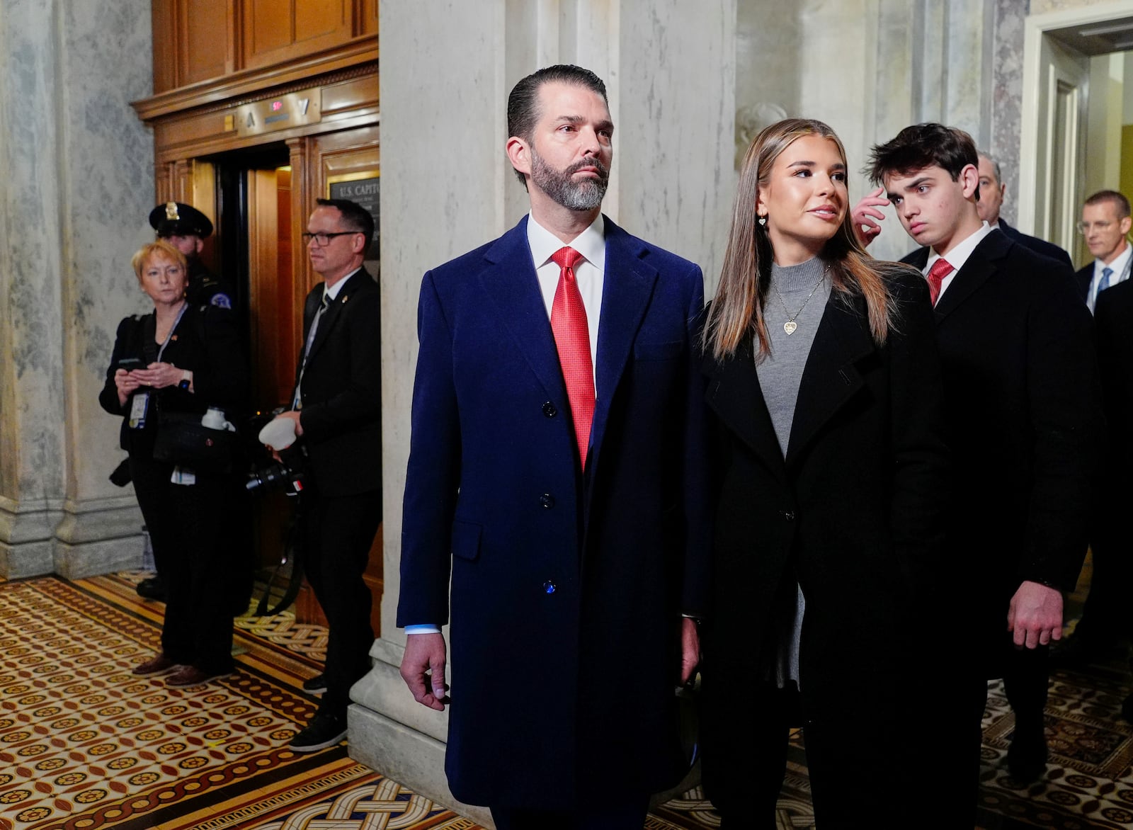 Donald Trump Jr. and his daughter, Kai Trump, arrive before the 60th Presidential Inauguration in the Rotunda of the U.S. Capitol in Washington, Monday, Jan. 20, 2025. (Melina Mara/The Washington Post via AP, Pool)