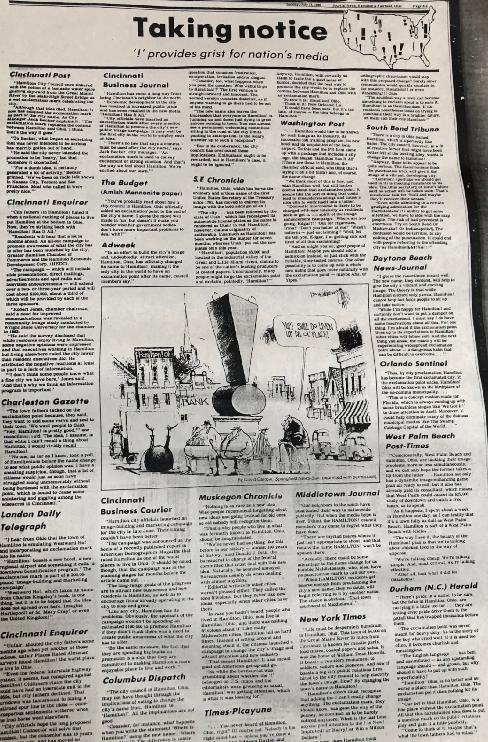 The Journal-News covered attention Hamilton received by attempting to add an exclamation point to the city's name in pages on July 13, 1986.