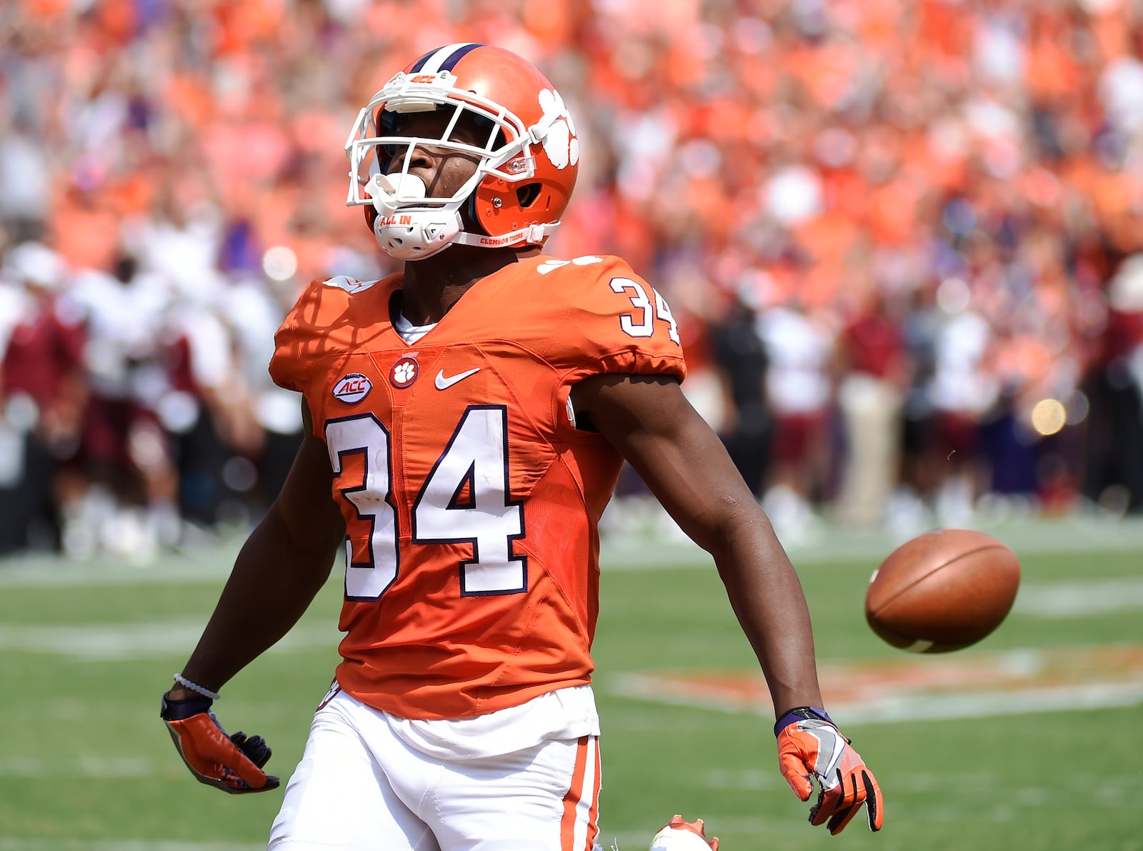 FILE- In this Saturday, Sept. 10, 2016, file photo, Clemson wide receiver Ray-Ray McCloud drops the football short of the goal line during the first half of an NCAA college football game against Troy in Clemson, S.C. (AP Photo/Rainier Ehrhardt, File)