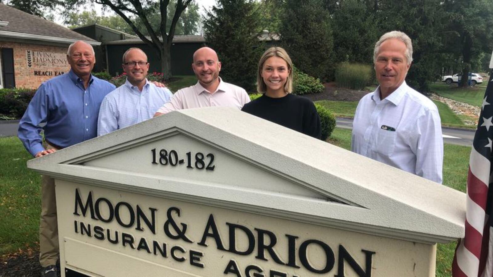 Moon & Adrion Insurance Agency in Middletown is celebrating 100 years in business. From left: Craig Moon, Tal Moon, Kyle Kilburn, Katy Canter-Davis and Bryan Canter. RICK McCRABB/STAFF