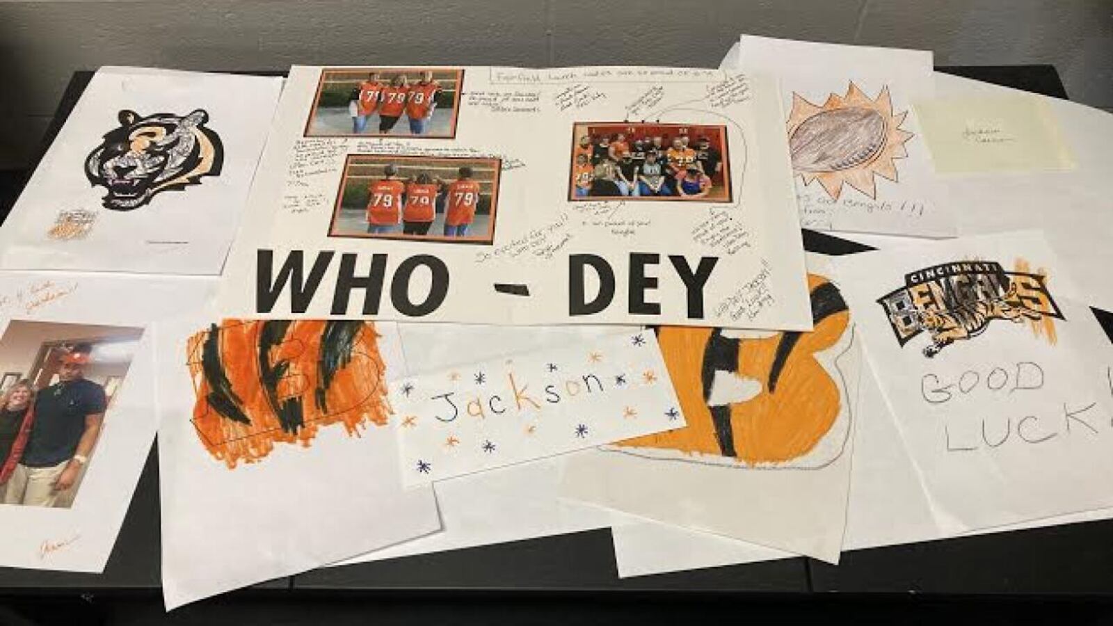 Fairfield City School District students and staff created hundreds of inspirational letters and inspirational signs for Bengals rookie offensive lineman Jackson Carman as he prepares for Super Bowl LVI Sunday in Los Angeles. CONTRIBUTED