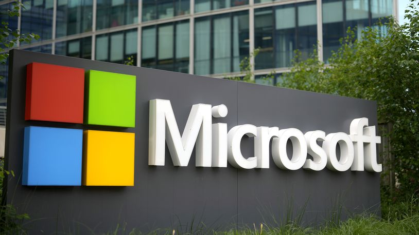 FILE - The Microsoft logo is displayed outside its French headquarters in Issy-les-Moulineaux, outside Paris, May 13, 2024. (AP Photo/Thibault Camus, File)