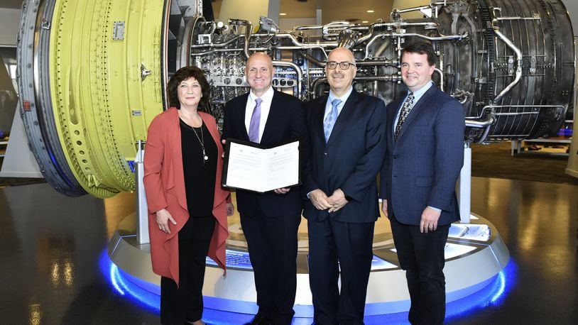 West Chester-based GE Additive, a GE Aviation subsidiary signed a five-year cooperative research and development agreement (CRADA) partnership agreement with the U.S. Department of Energy’s Oak ridge National Laboratory, on Monday, Oct. 28, 2019. Pictured, left to right, are Christine Furstoss, chief technology officer, GE Additive; Daniel Simmons, assistant secretary, U.S. Dept of Energy; Moe Khaleel, senior executive, associate laboratory director for energy and environmental sciences, Oak Ridge National Laboratory; Chris Schuppe, general manager, GE Additive. NICK GRAHAM/STAFF