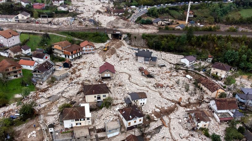 An aerial view shows the area destroyed by a landslide in Donja Jablanica, Bosnia, Saturday, Oct. 5, 2024. (AP Photo/Armin Durgut)