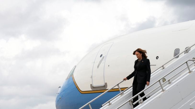 Democratic presidential nominee Vice President Kamala Harris arrives on Air Force Two Wednesday, Sept. 25, 2024, to campaign in Pittsburgh. (AP Photo/Jacquelyn Martin)