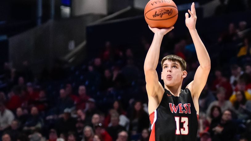 Lakota West's Nathan Dudukovich puts up shot during their game against Centerville. Centerville defeated Lakota West 48-40 in their Division I District basketball final Sunday, March 8, 2020 at Xavier University's Cintas Center. NICK GRAHAM / STAFF