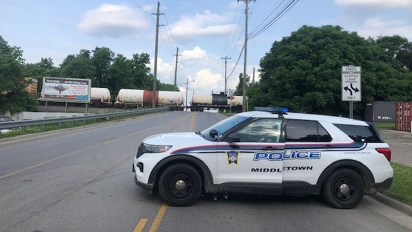 A pedestrian was struck by a train and killed Monday morning on the tracks at Waneta Street in Middletown. rICK McCrabb/STAFF