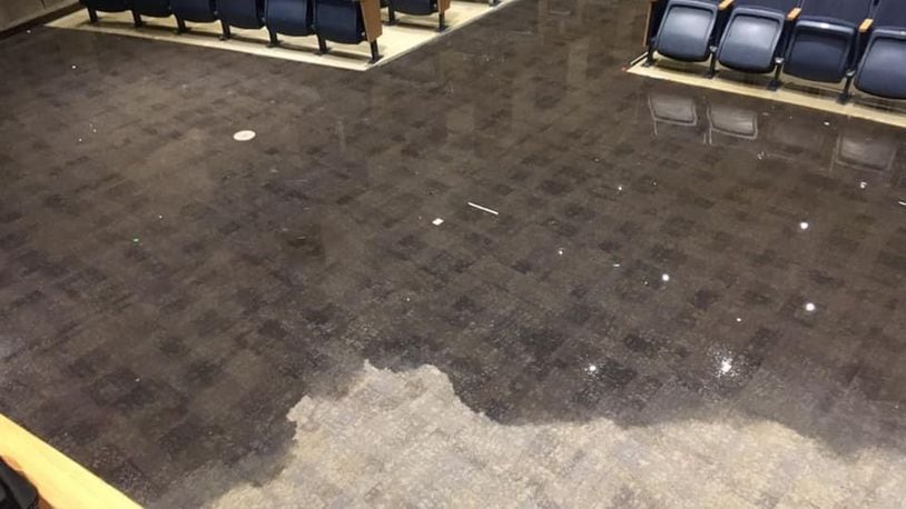 A fire sprinkler system leak Thursday has flooded parts of Hamilton High School’s auditorium. The school was closed Friday due to snow. School officials credited some fathers of students who came in Thursday to work on stage sets for reporting the leak. No costs estimates on the damage are yet available, say officials.