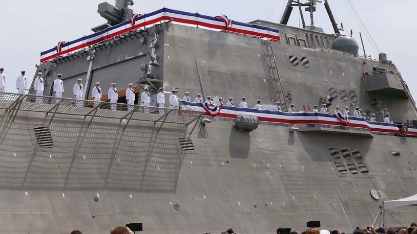 FILE - Thousands attend the commissioning ceremony for the USS Manchester at the New Hampshire State Pier in Portsmouth, N.H.,on Saturday, May 26, 2018. (Ioanna Raptis/Portsmouth Herald via AP)